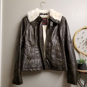 brown faux leather moto jacket with faux fur